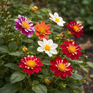 Dwarf Dandy Mix of Dahlia flowers in a range of interesting colours including red, white, orange, and pink purple