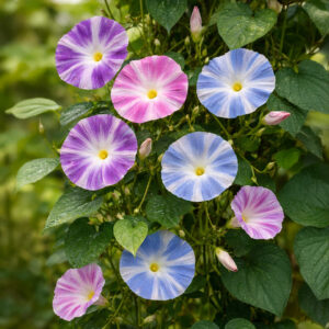 Flying Saucer Mix of Ipomoea Morning Glory flowers in pastel pink, blue, and purple