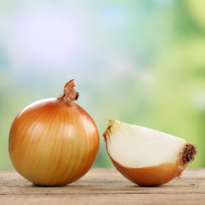 Brown Sturon Onion sliced on a wooden surface with blurred natural background