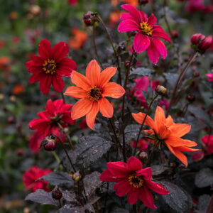Bishop's Children Dahlia flowers in shades of orange, coral, pink, and red with deep foliage