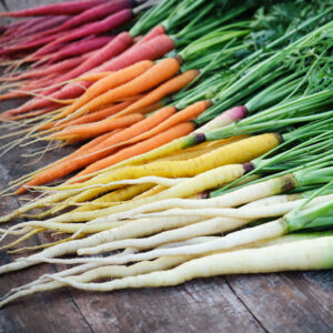 A mix of rainbow coloured carrots in red, purple, orange, yellow, and white on a wooden surface