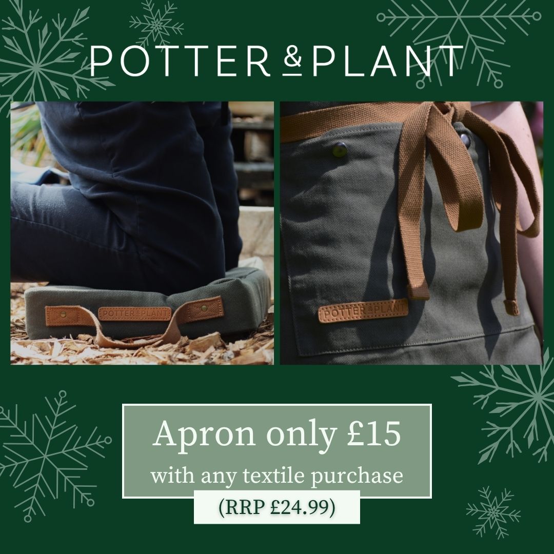 a dark green graphic with snowflakes dispalying two images of textile products. a kneeling pad and an apron tied at the waist.