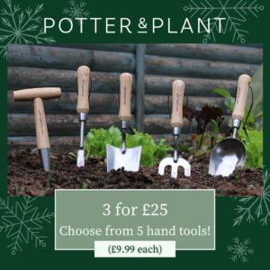 five metal tools with wooden handles half dug into the soil with a wooden shed backdrop