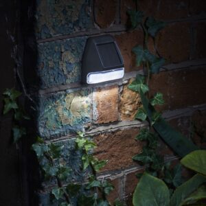 Solar powered wall light in the dark on brick shining on foliage leaves and ivy